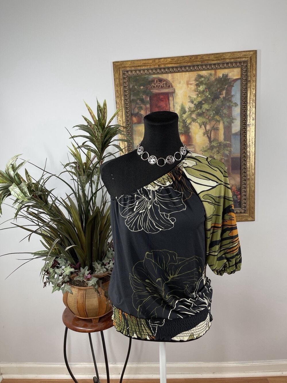 Arden B One Shoulder Floral Blouse Womens Small Black Green Stretch Whimsigoth